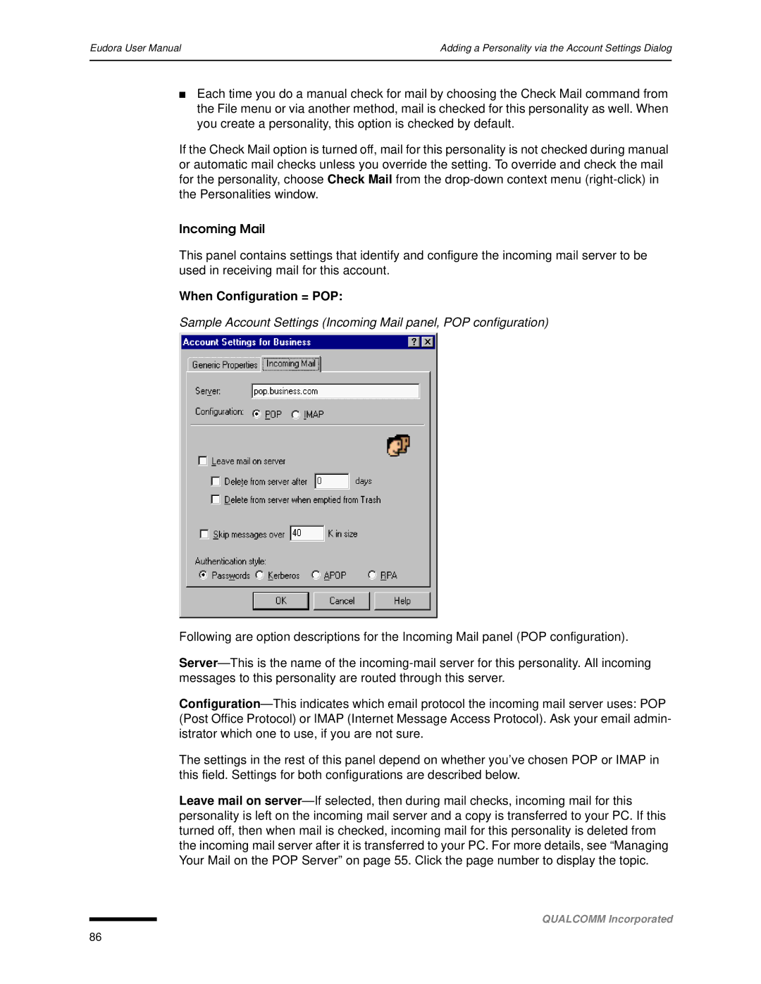 Qualcomm 4.3 user manual When Configuration = POP 