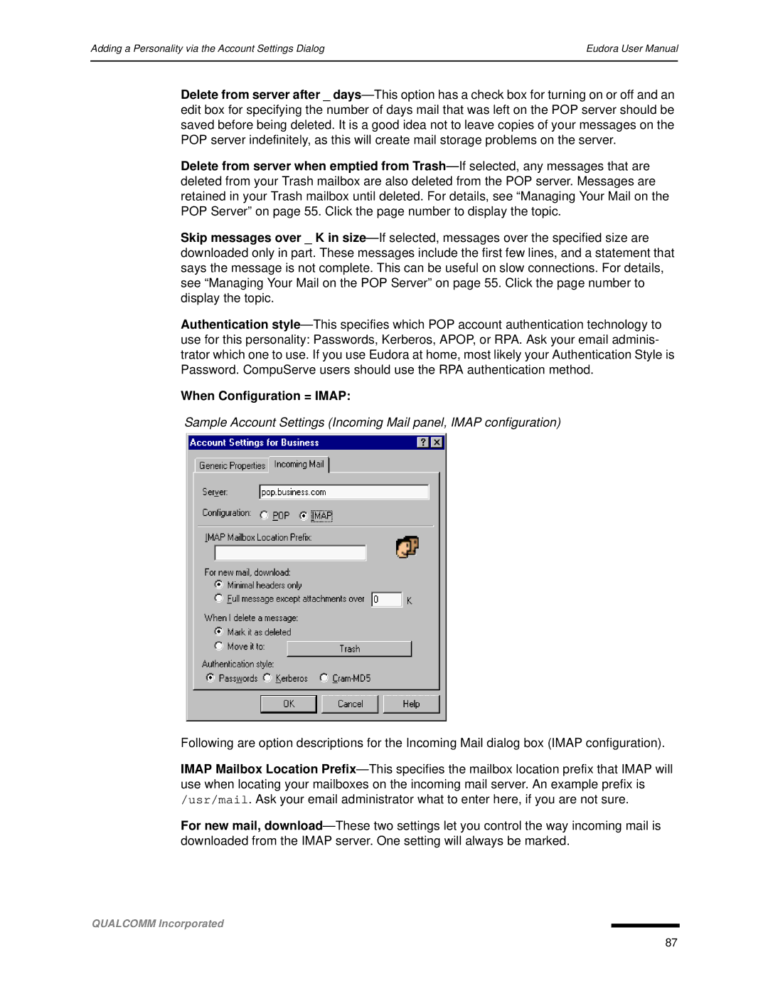 Qualcomm 4.3 user manual When Configuration = Imap 