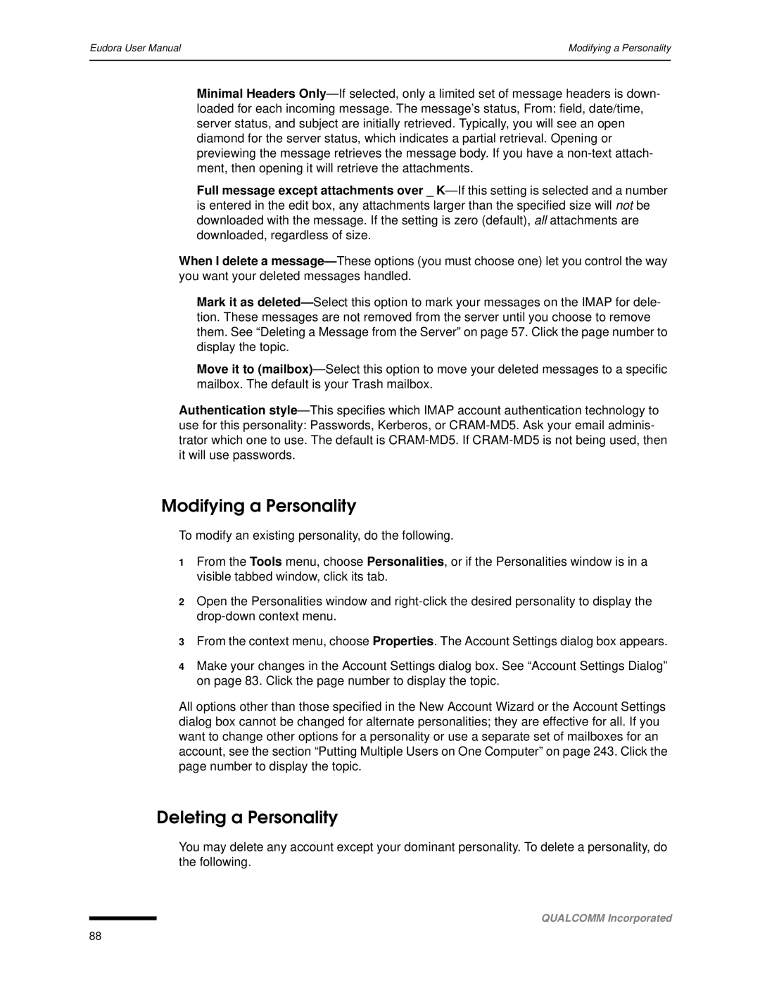 Qualcomm 4.3 user manual Modifying a Personality, Deleting a Personality 