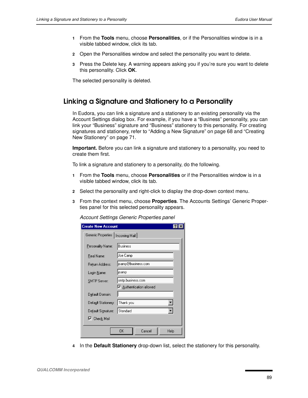 Qualcomm 4.3 user manual Linking a Signature and Stationery to a Personality, Account Settings Generic Properties panel 