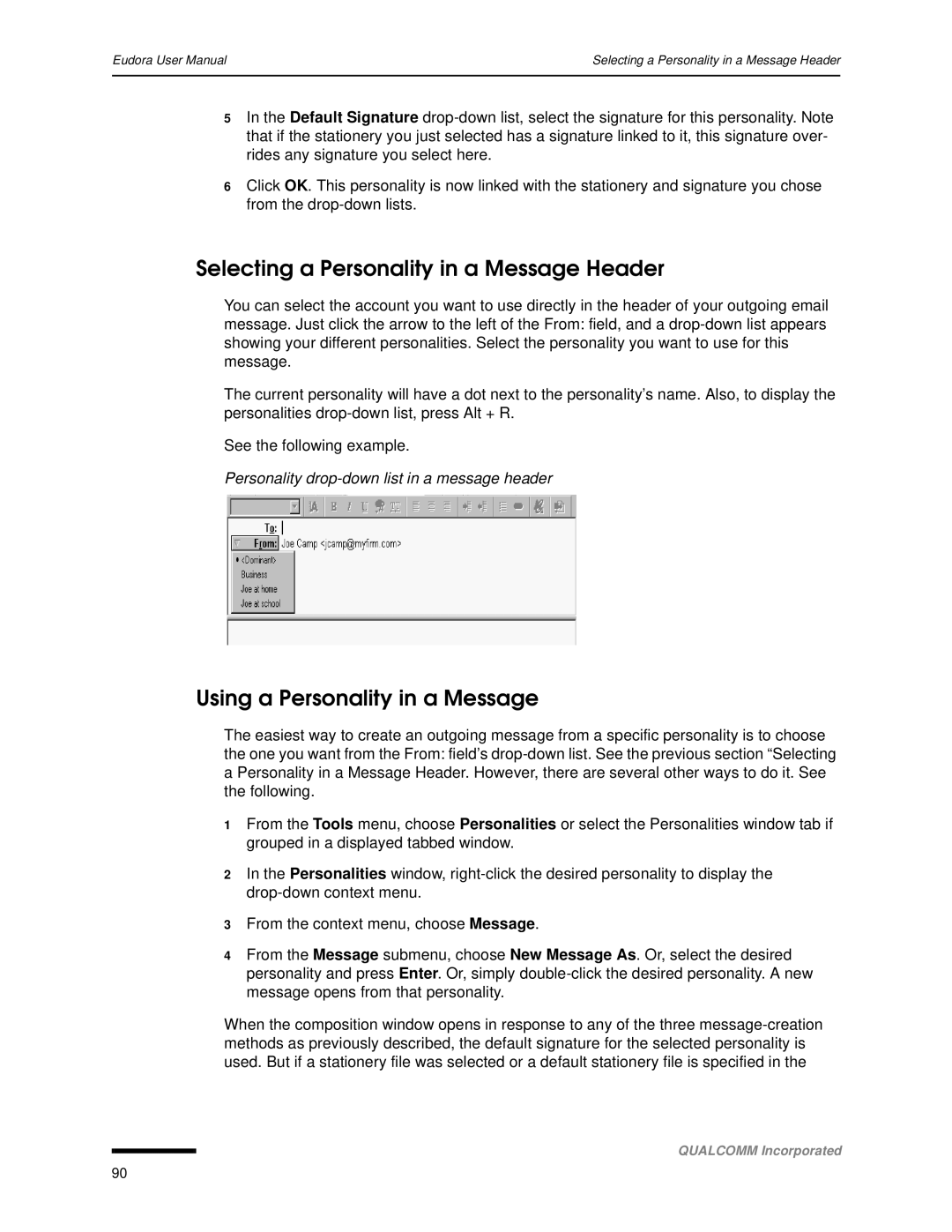 Qualcomm 4.3 user manual Selecting a Personality in a Message Header, Using a Personality in a Message 