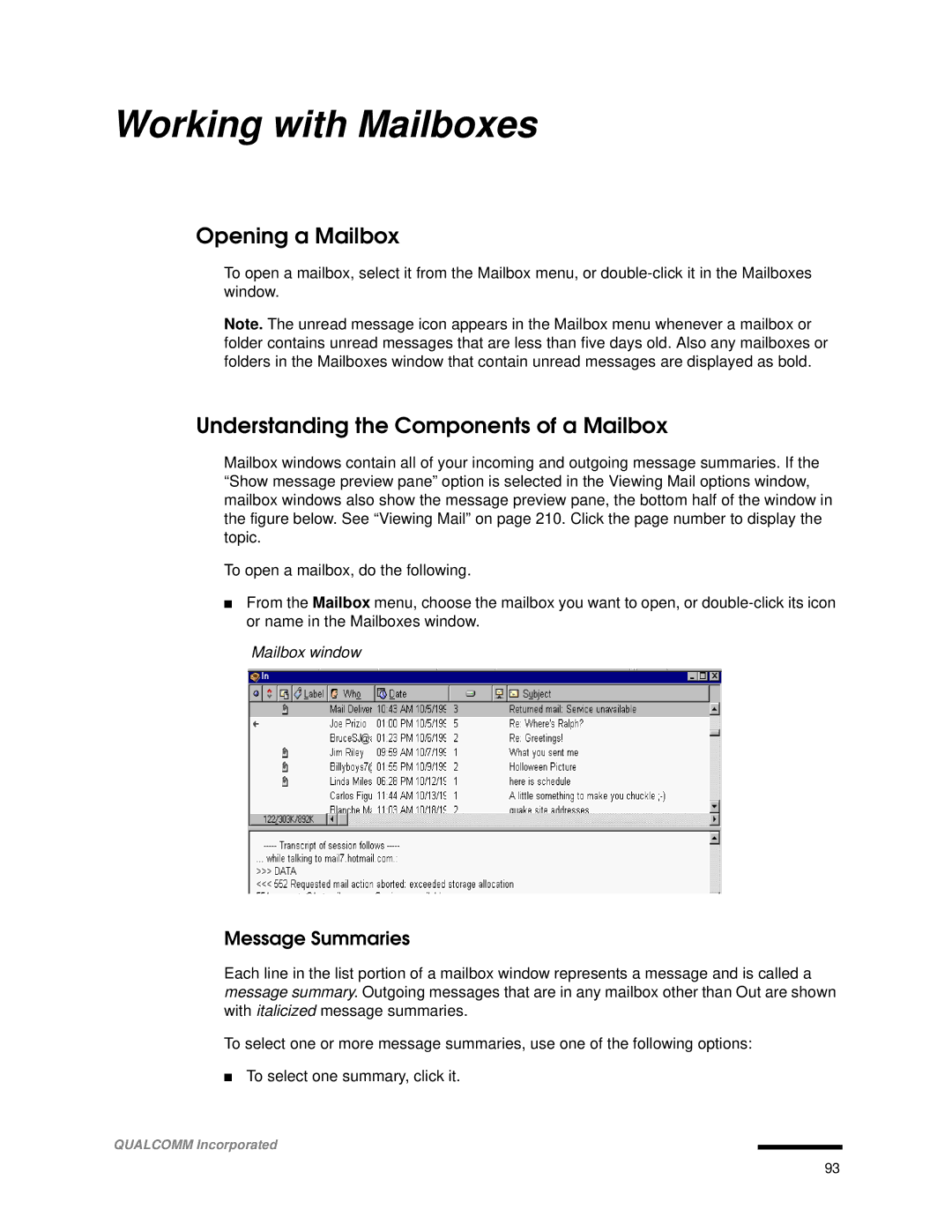 Qualcomm 4.3 Working with Mailboxes, Opening a Mailbox, Understanding the Components of a Mailbox, Message Summaries 