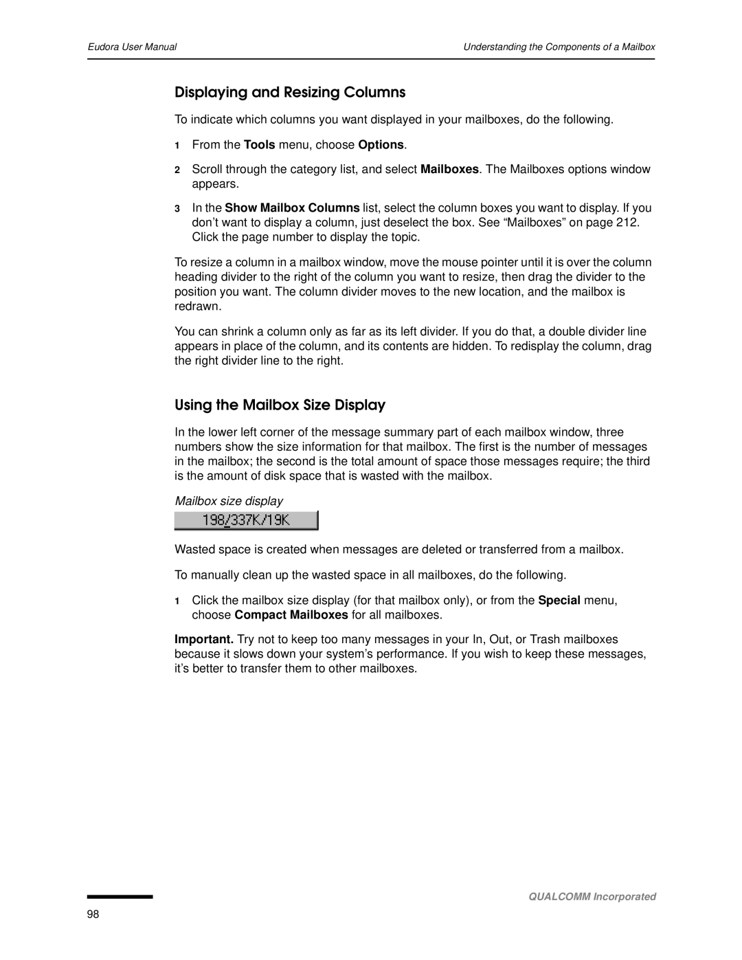 Qualcomm 4.3 user manual Displaying and Resizing Columns, Using the Mailbox Size Display, Mailbox size display 