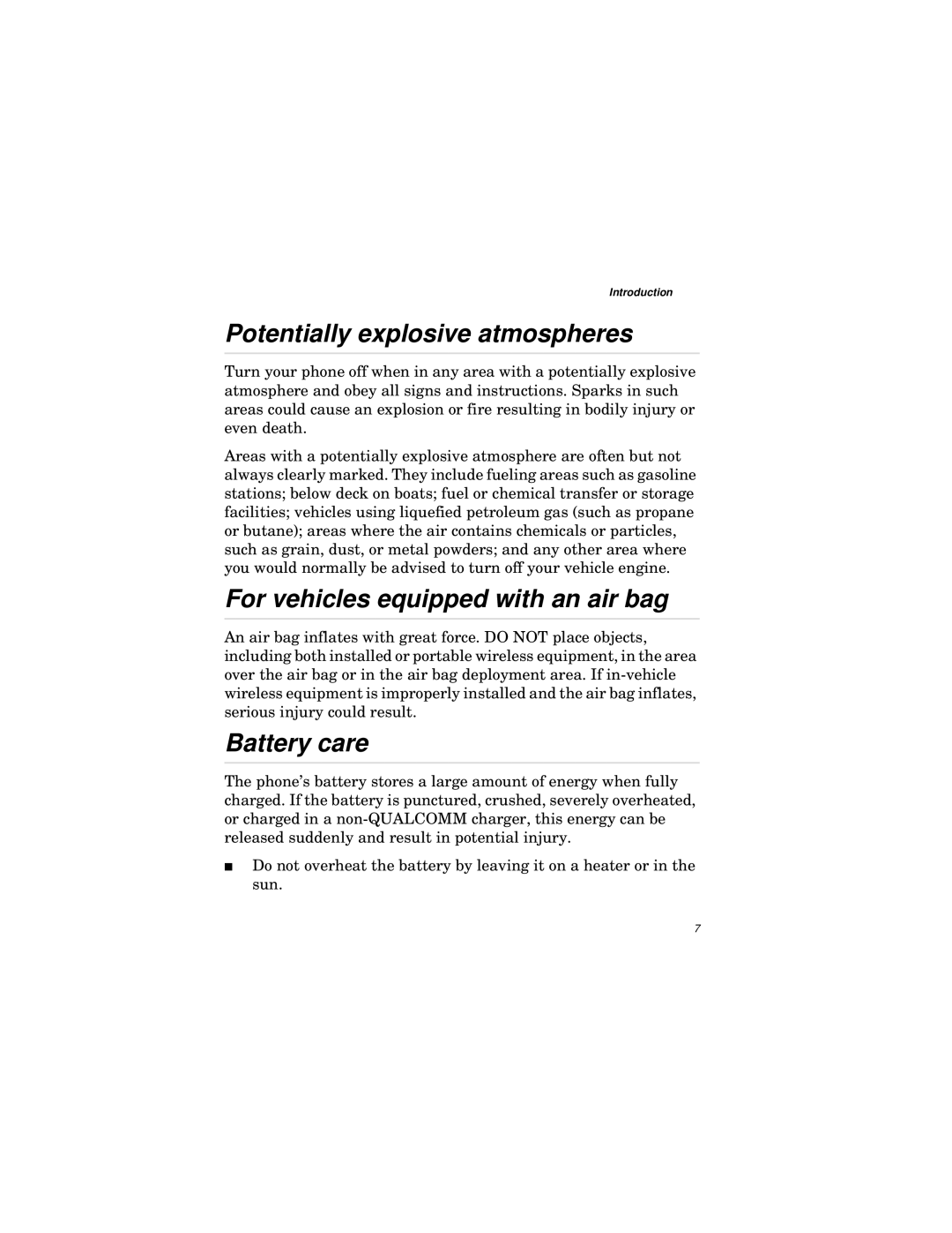 Qualcomm GIK-1700 manual Potentially explosive atmospheres, For vehicles equipped with an air bag, Battery care 