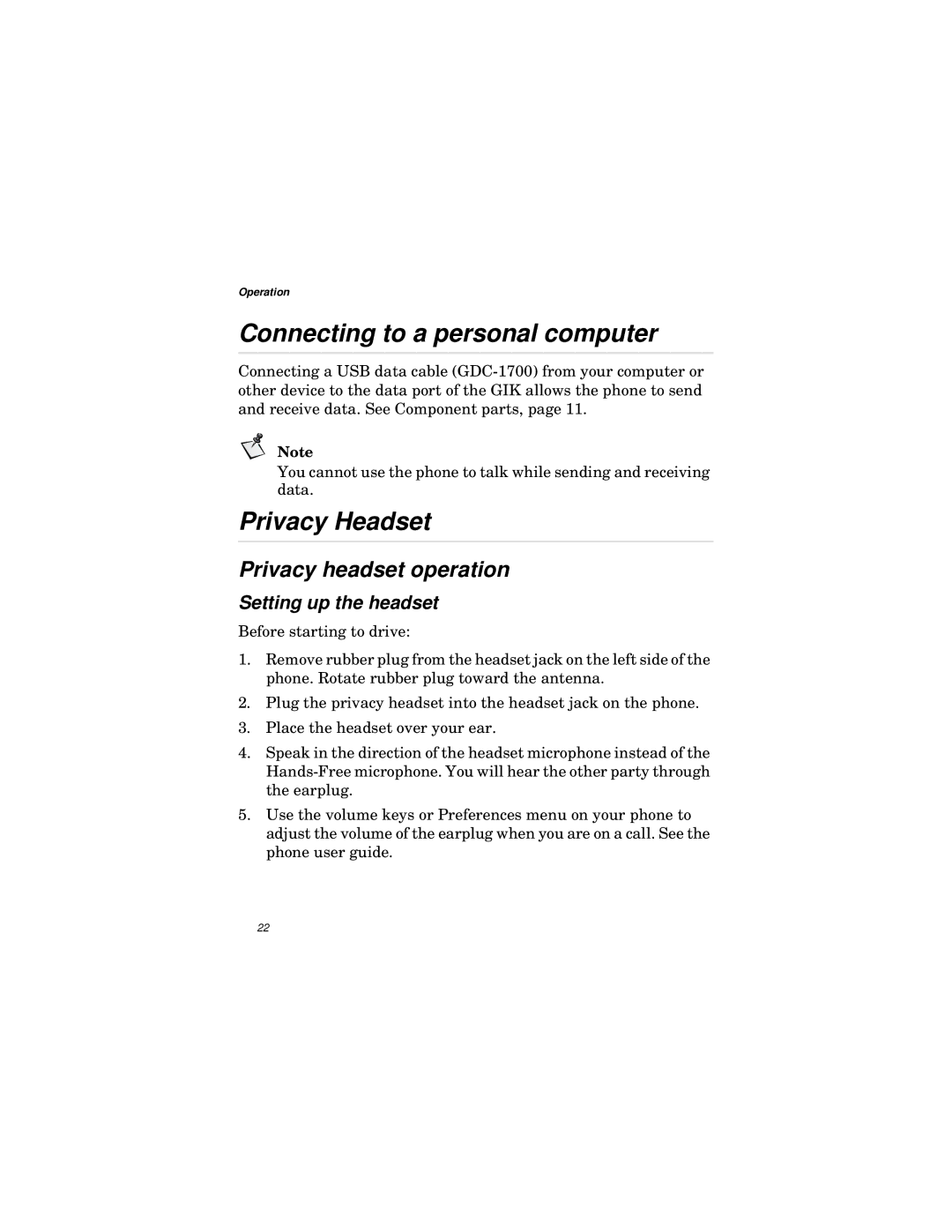 Qualcomm GIK-1700 manual Connecting to a personal computer, Privacy Headset, Privacy headset operation 