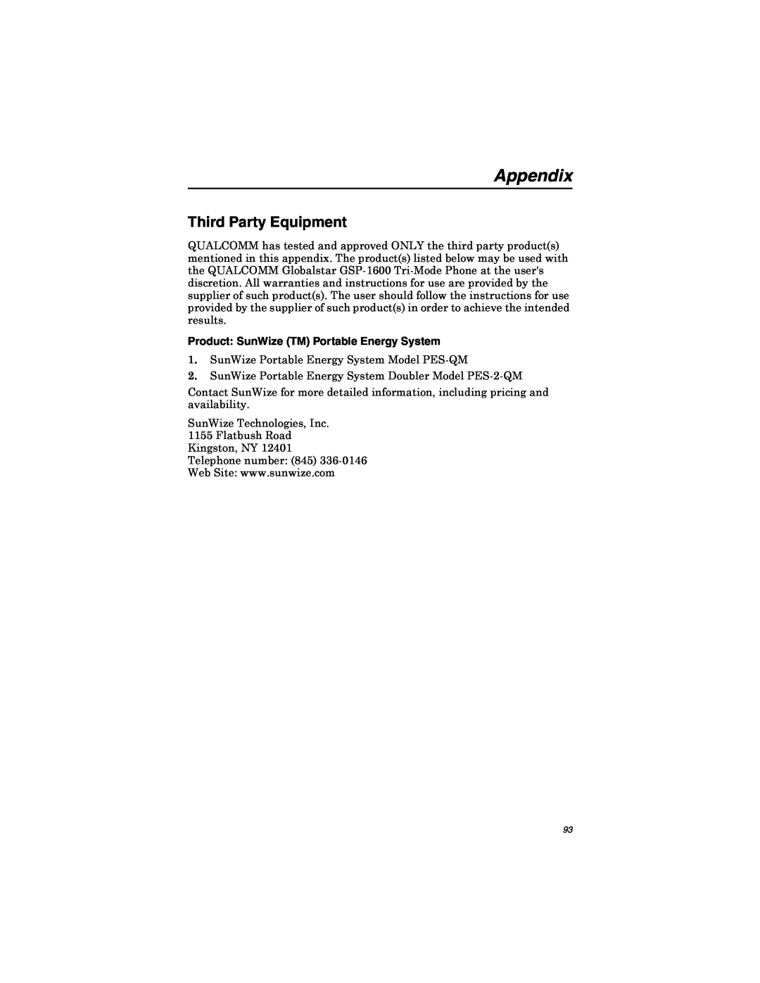 Qualcomm GSP-1600 manual Appendix, Third Party Equipment, Uhvxowv, Product SunWize TM Portable Energy System 