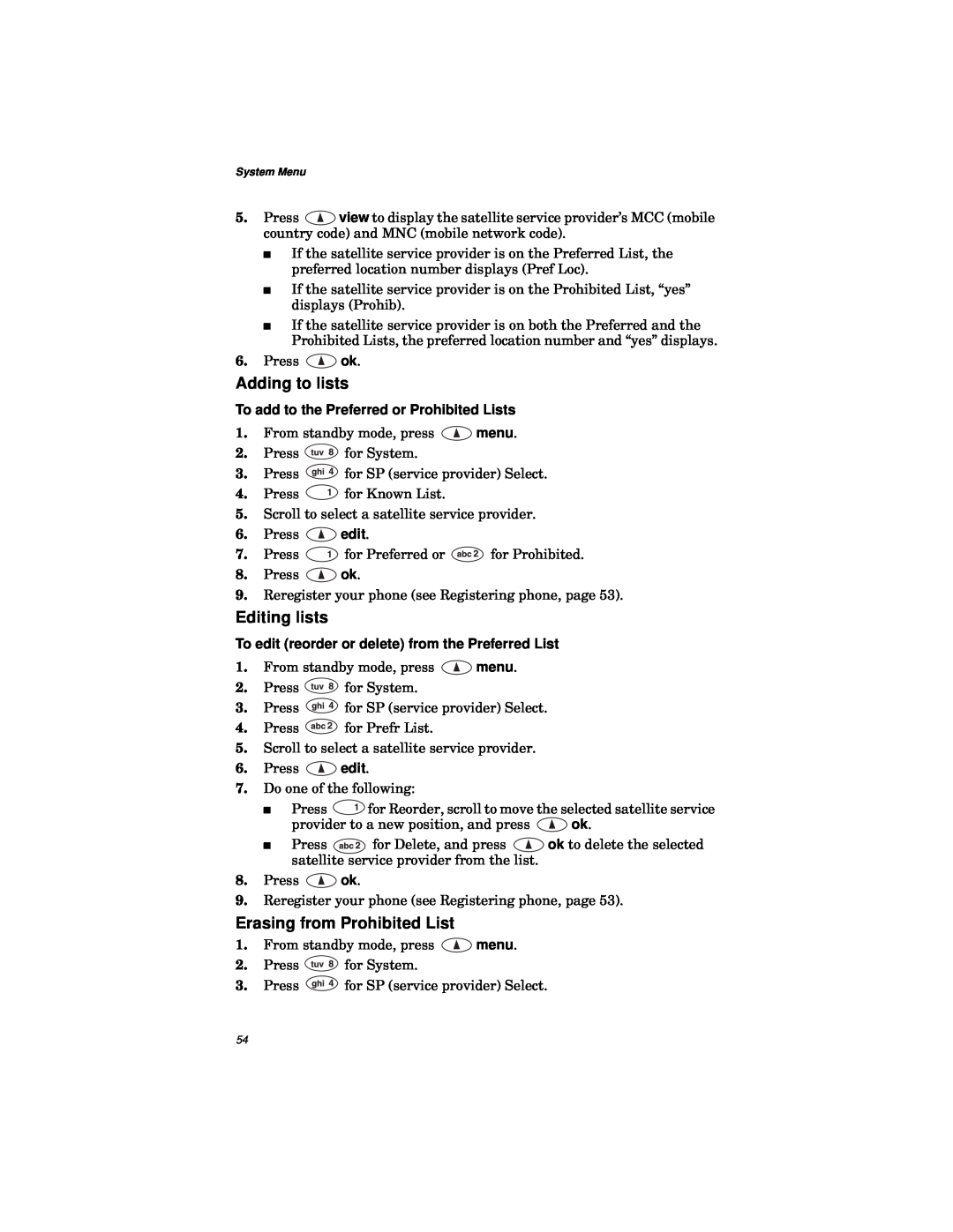 Qualcomm GSP-1600 manual Adding to lists, Editing lists, Erasing from Prohibited List 