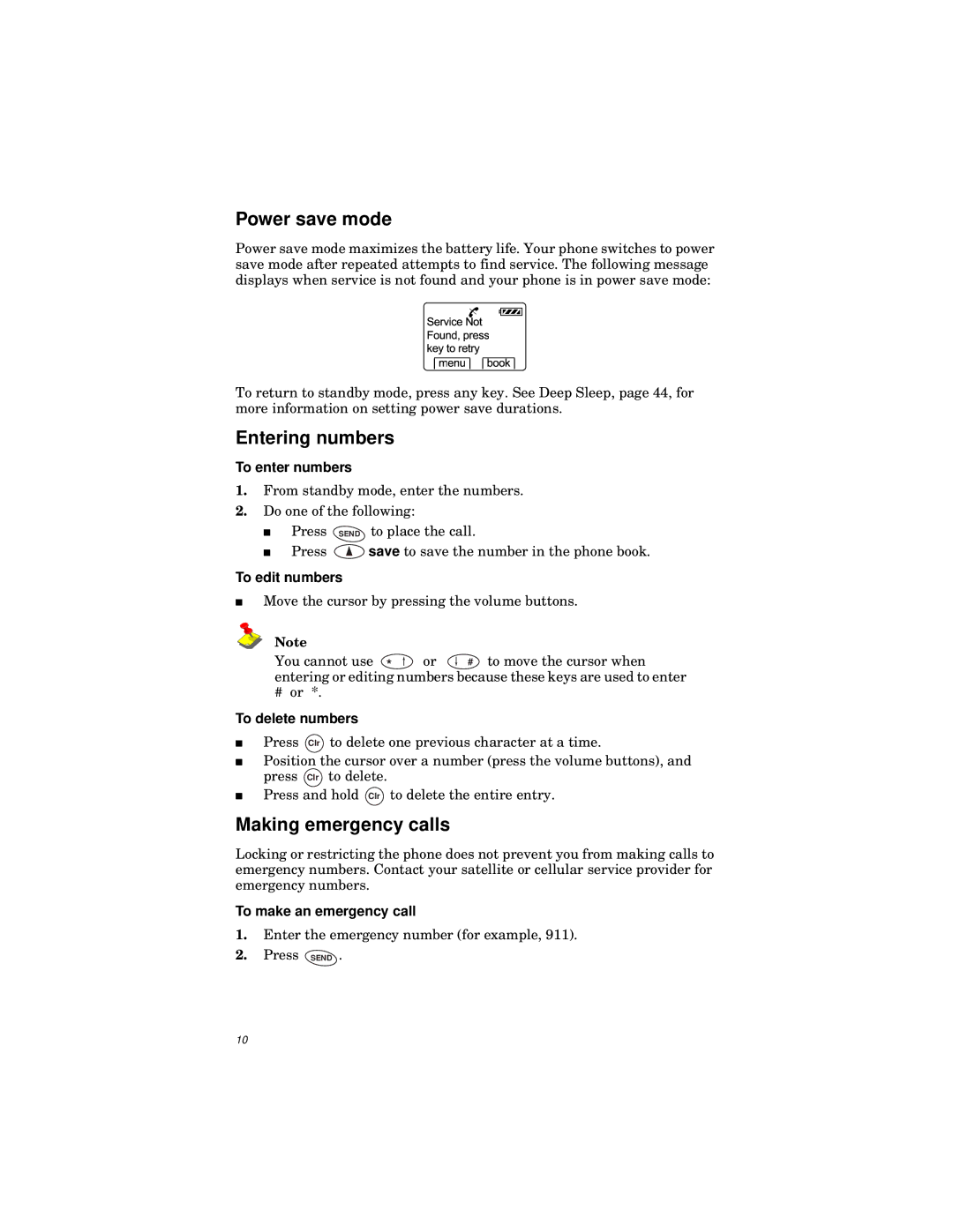 Qualcomm GSP-1600 manual Power save mode, Entering numbers, Making emergency calls 