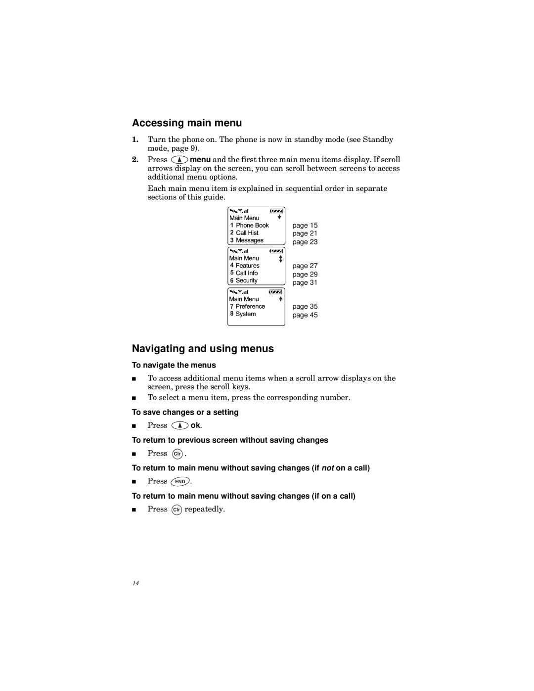 Qualcomm GSP-1600 manual Accessing main menu, Navigating and using menus 