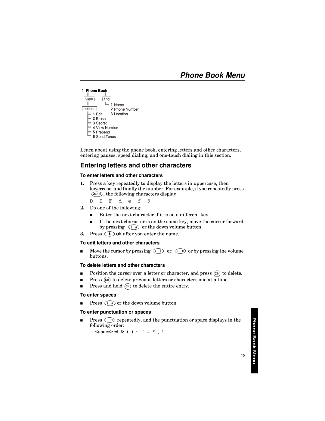 Qualcomm GSP-1600 manual Phone Book Menu, Entering letters and other characters 