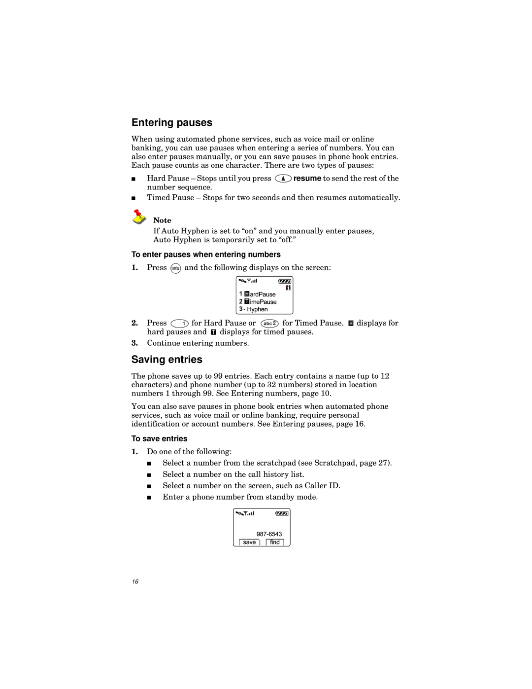 Qualcomm GSP-1600 manual Entering pauses, Saving entries, To enter pauses when entering numbers, To save entries 