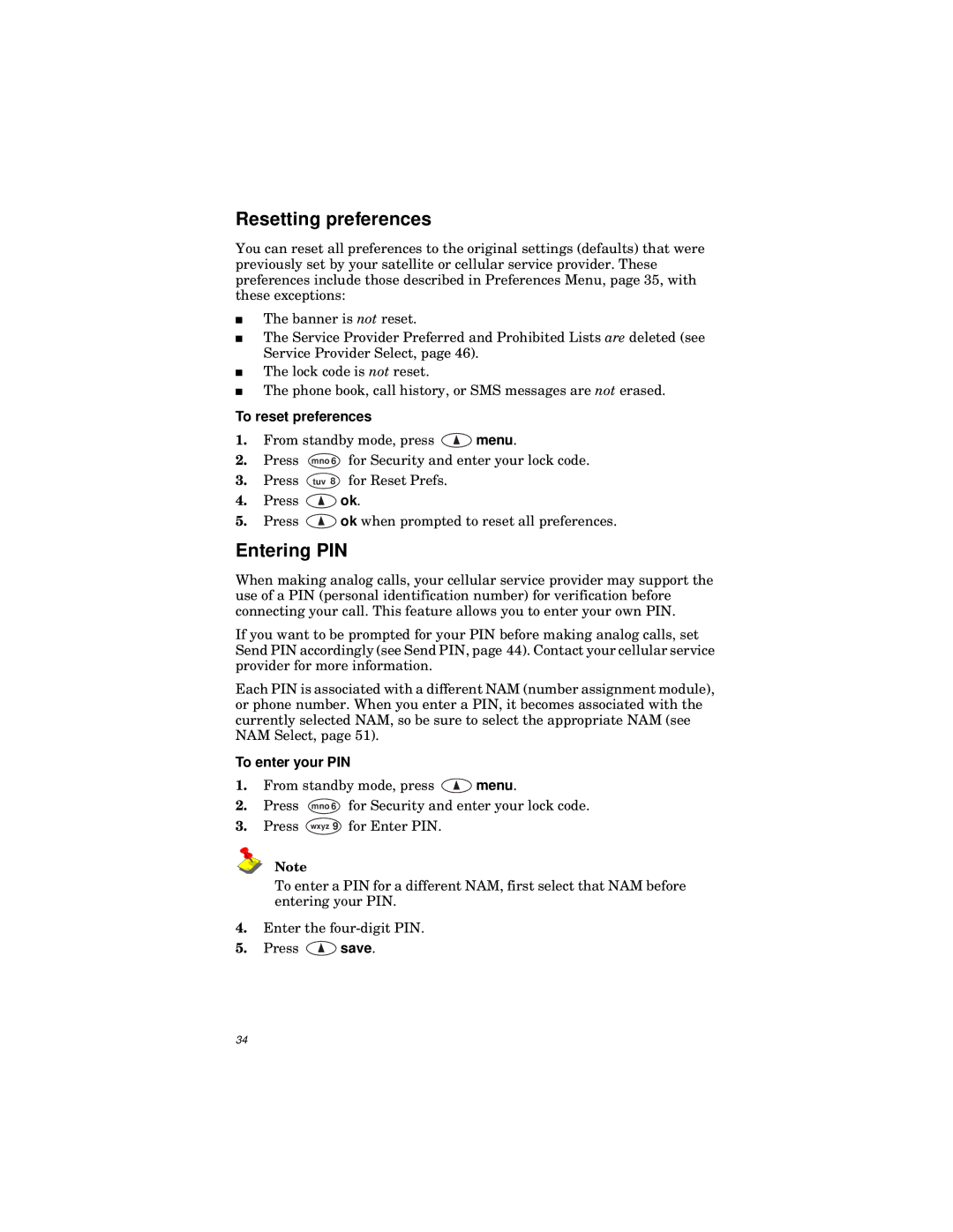 Qualcomm GSP-1600 manual Resetting preferences, Entering PIN, To reset preferences, To enter your PIN 