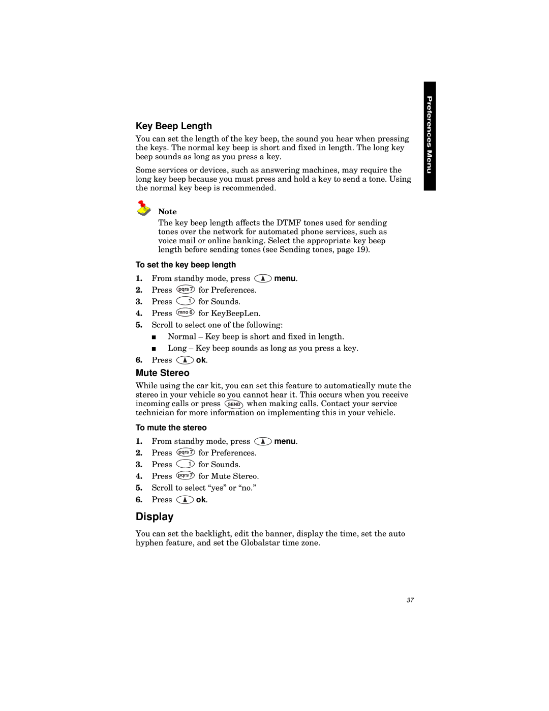 Qualcomm GSP-1600 manual Display, Key Beep Length, Mute Stereo, To set the key beep length, To mute the stereo 