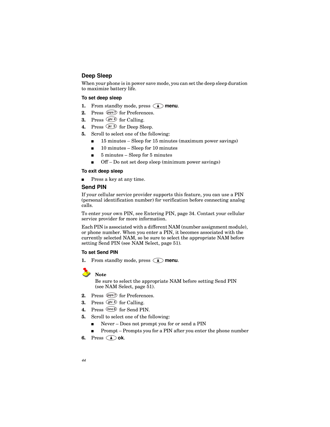 Qualcomm GSP-1600 manual Deep Sleep, To set deep sleep, To exit deep sleep, To set Send PIN 