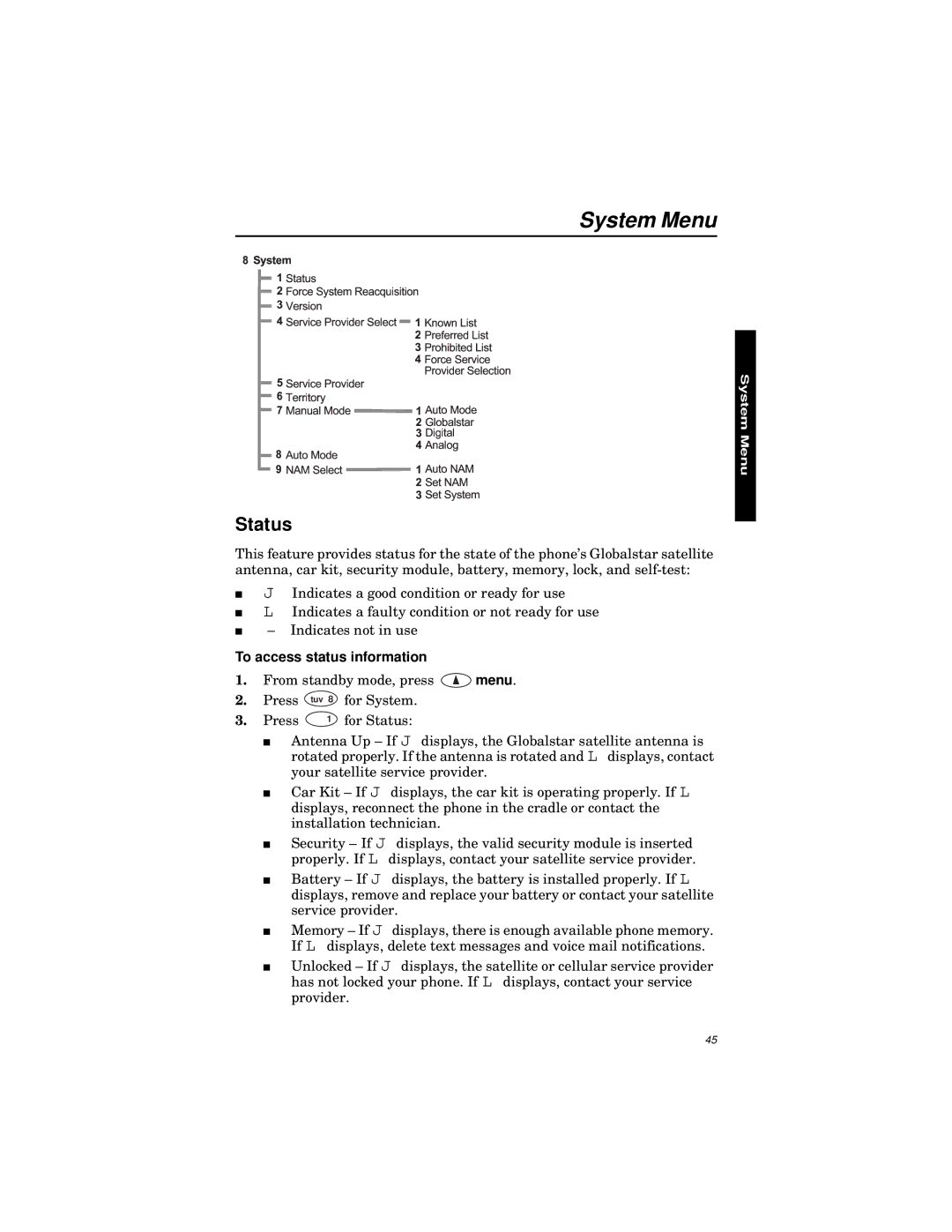 Qualcomm GSP-1600 manual System Menu, Status, To access status information 