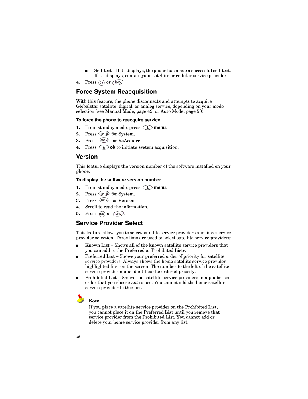 Qualcomm GSP-1600 Force System Reacquisition, Version, Service Provider Select, To force the phone to reacquire service 