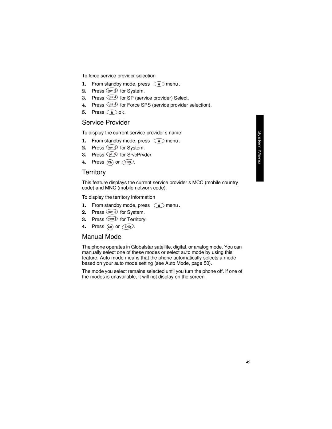 Qualcomm GSP-1600 manual Service Provider, Territory, Manual Mode 