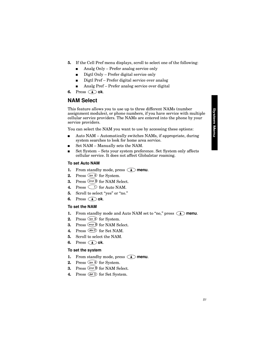 Qualcomm GSP-1600 manual NAM Select, To set Auto NAM, To set the NAM, To set the system 