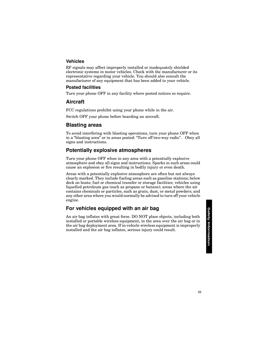 Qualcomm GSP-1600 manual Aircraft, Blasting areas, Potentially explosive atmospheres, For vehicles equipped with an air bag 