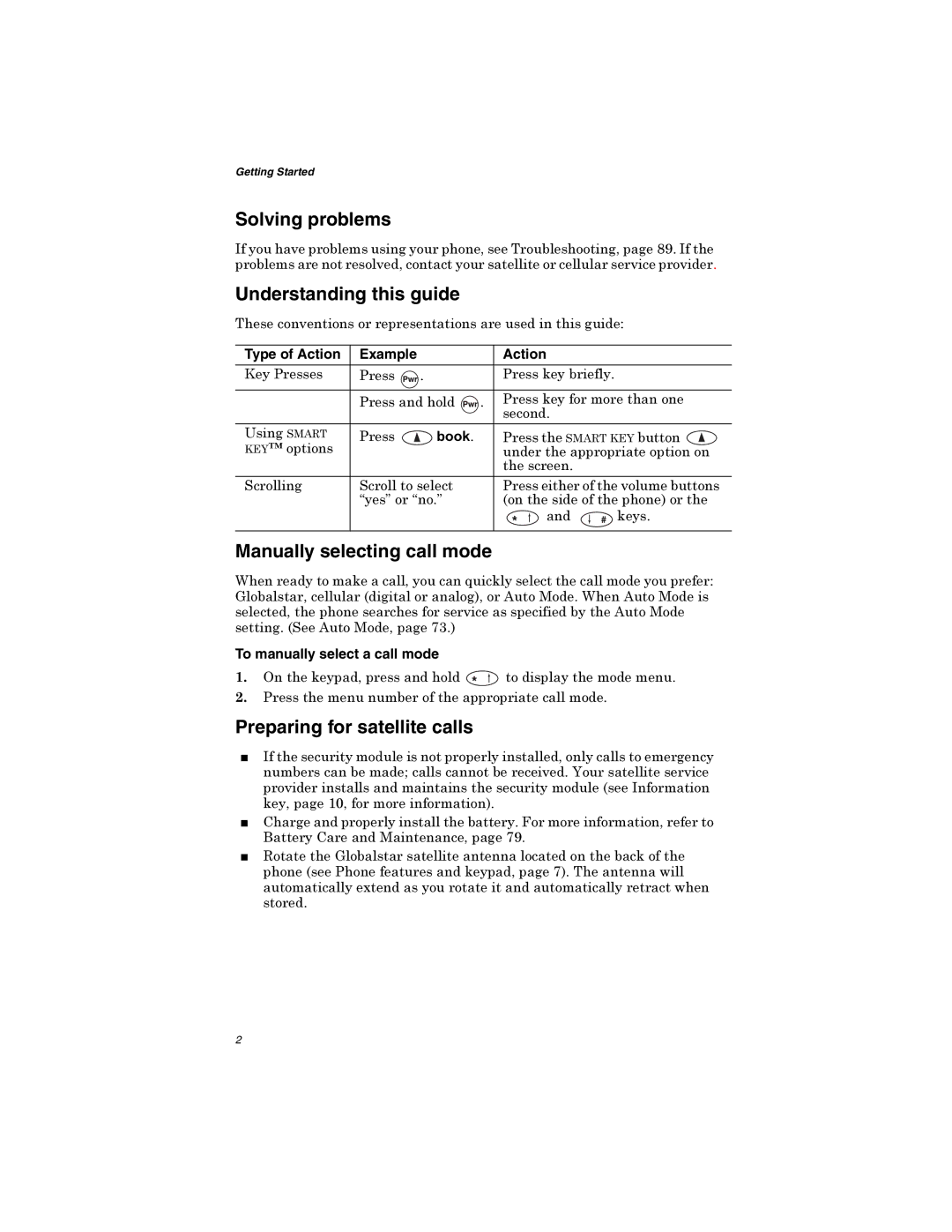 Qualcomm GSP-1600 Solving problems, Understanding this guide, Manually selecting call mode, Preparing for satellite calls 