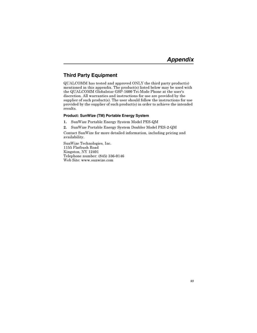 Qualcomm GSP-1600 manual Appendix, Third Party Equipment, Product SunWize TM Portable Energy System 