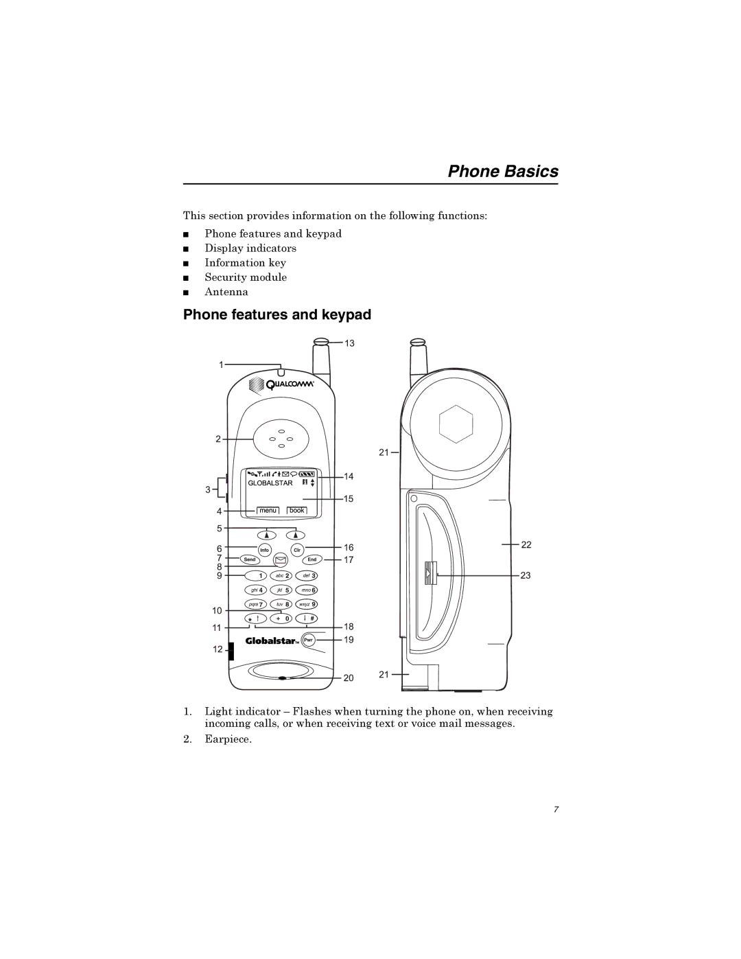 Qualcomm GSP-1600 Phone Basics, Phone features and keypad, Duslhfh, 7KLVVHFWLRQSURYLGHVLQIRUPDWLRQRQWKHIROORZLQJIXQFWLRQV 