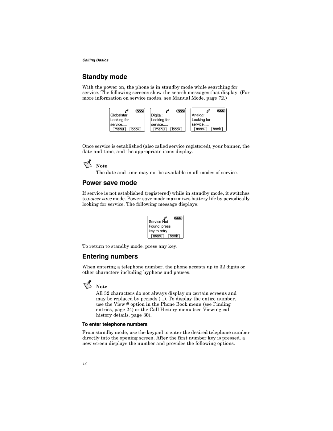 Qualcomm GSP-1600 manual Standby mode, Power save mode, Entering numbers, To enter telephone numbers 