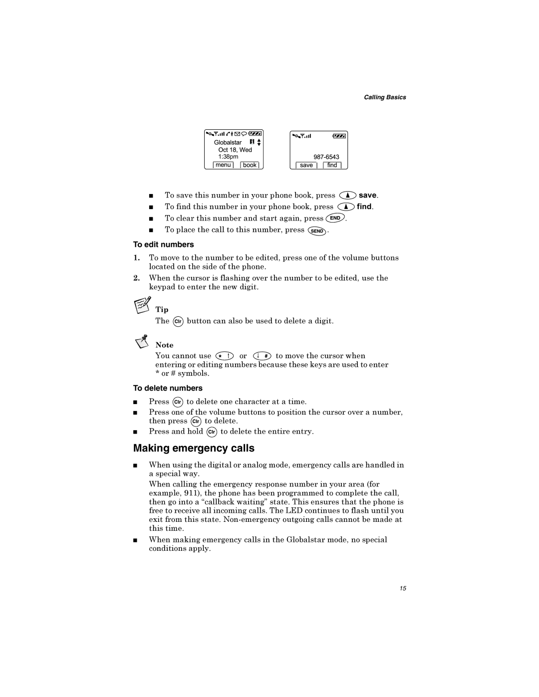 Qualcomm GSP-1600 manual Making emergency calls, To edit numbers, To delete numbers, 3UHVV Wrghohwhrqhfkdudfwhudwdwlph 