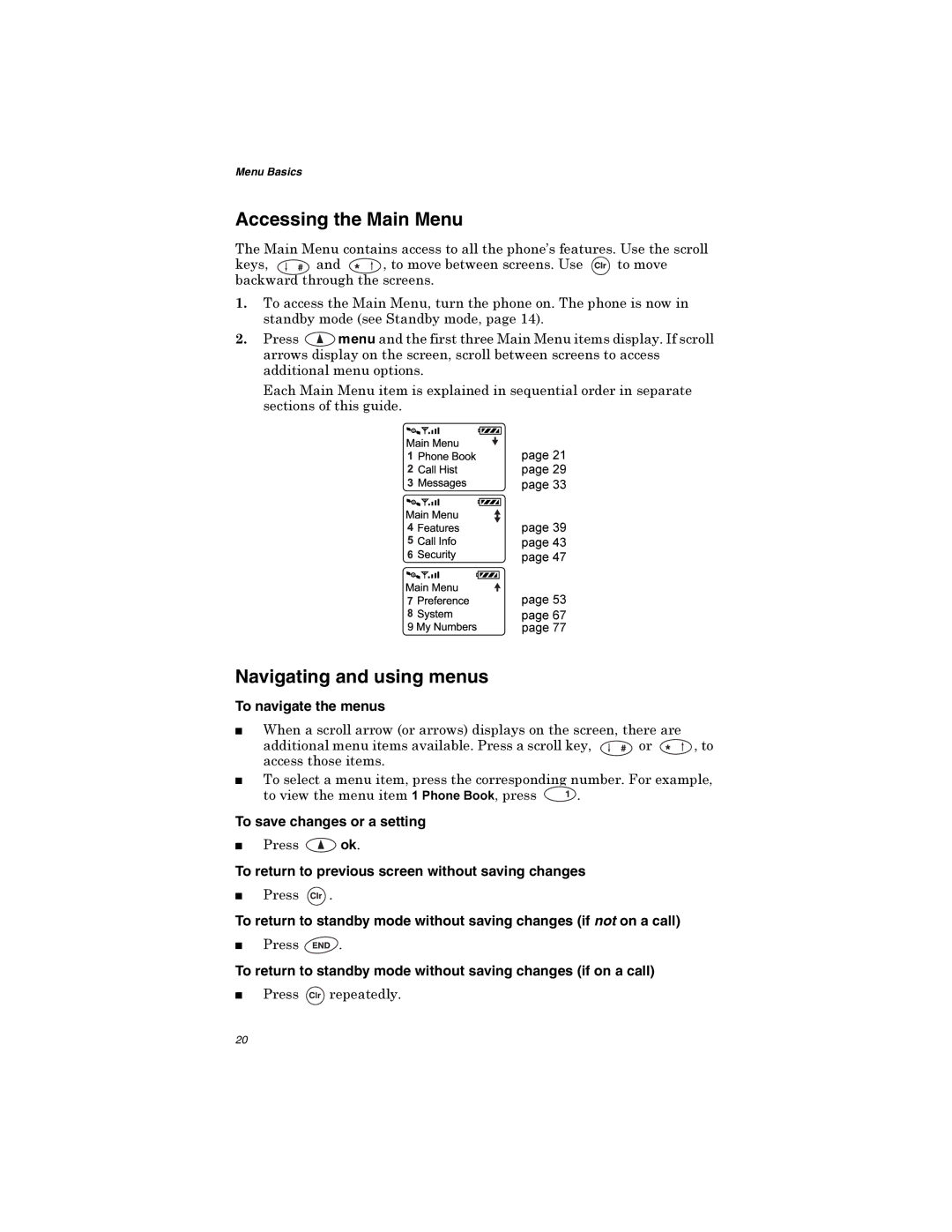 Qualcomm GSP-1600 Accessing the Main Menu, Navigating and using menus, To navigate the menus, To save changes or a setting 