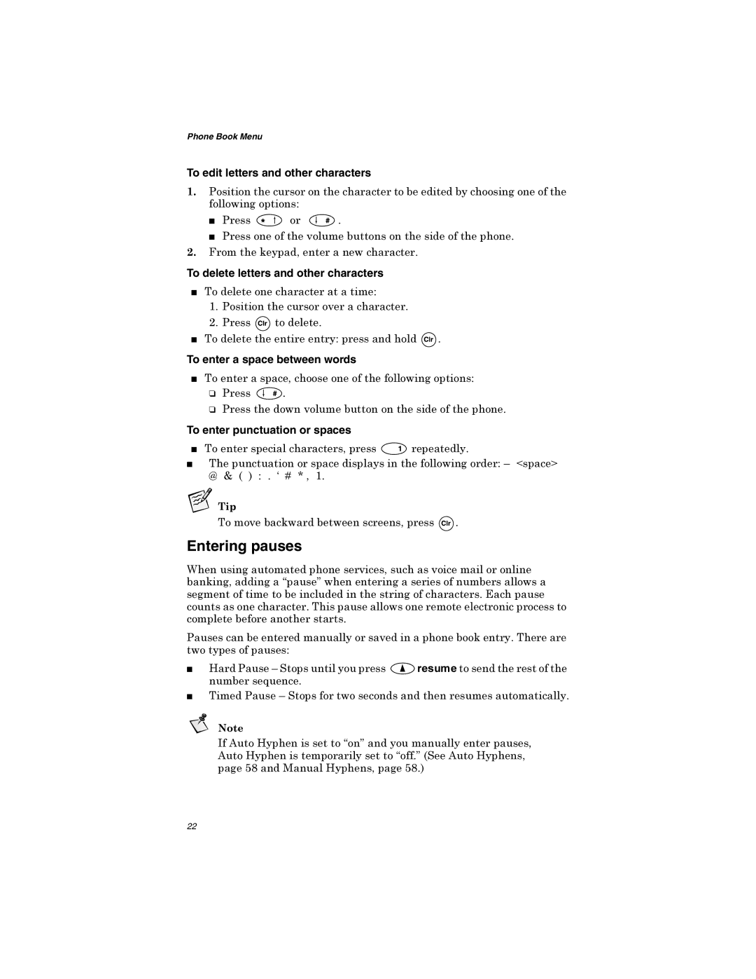 Qualcomm GSP-1600 manual Entering pauses, To edit letters and other characters, To delete letters and other characters 