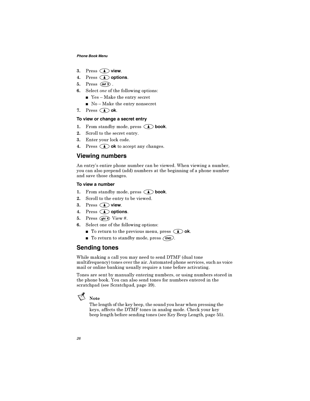 Qualcomm GSP-1600 manual Viewing numbers, Sending tones, To view or change a secret entry, To view a number 