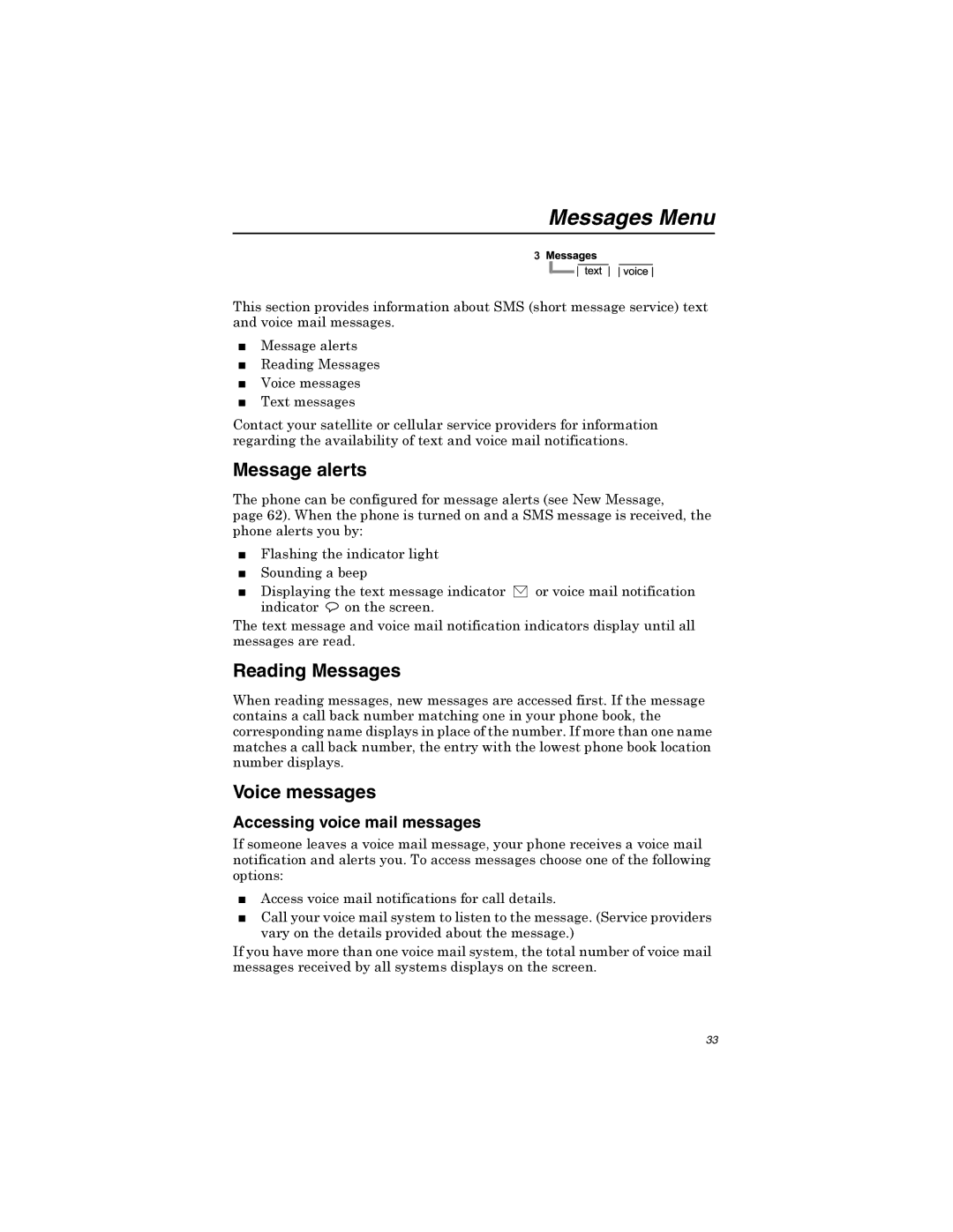 Qualcomm GSP-1600 manual Messages Menu, Message alerts, Reading Messages, Voice messages, Accessing voice mail messages 