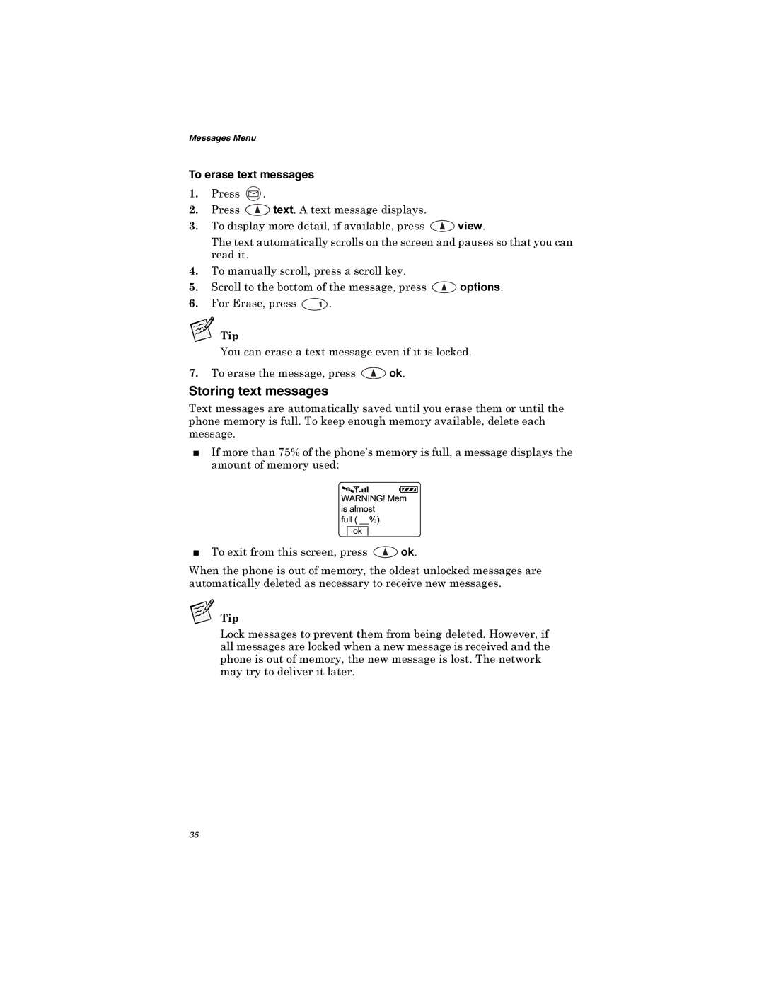 Qualcomm GSP-1600 manual Storing text messages, To erase text messages 