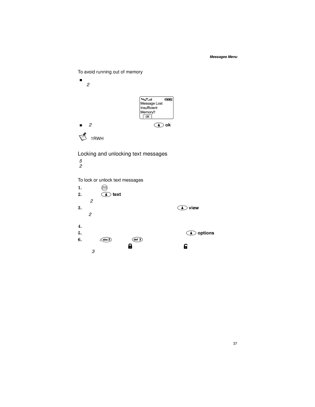 Qualcomm GSP-1600 Locking and unlocking text messages, To avoid running out of memory, Orfnhg, 7KHQHZHVWWHWPHVVDJHGLVSOD\V 