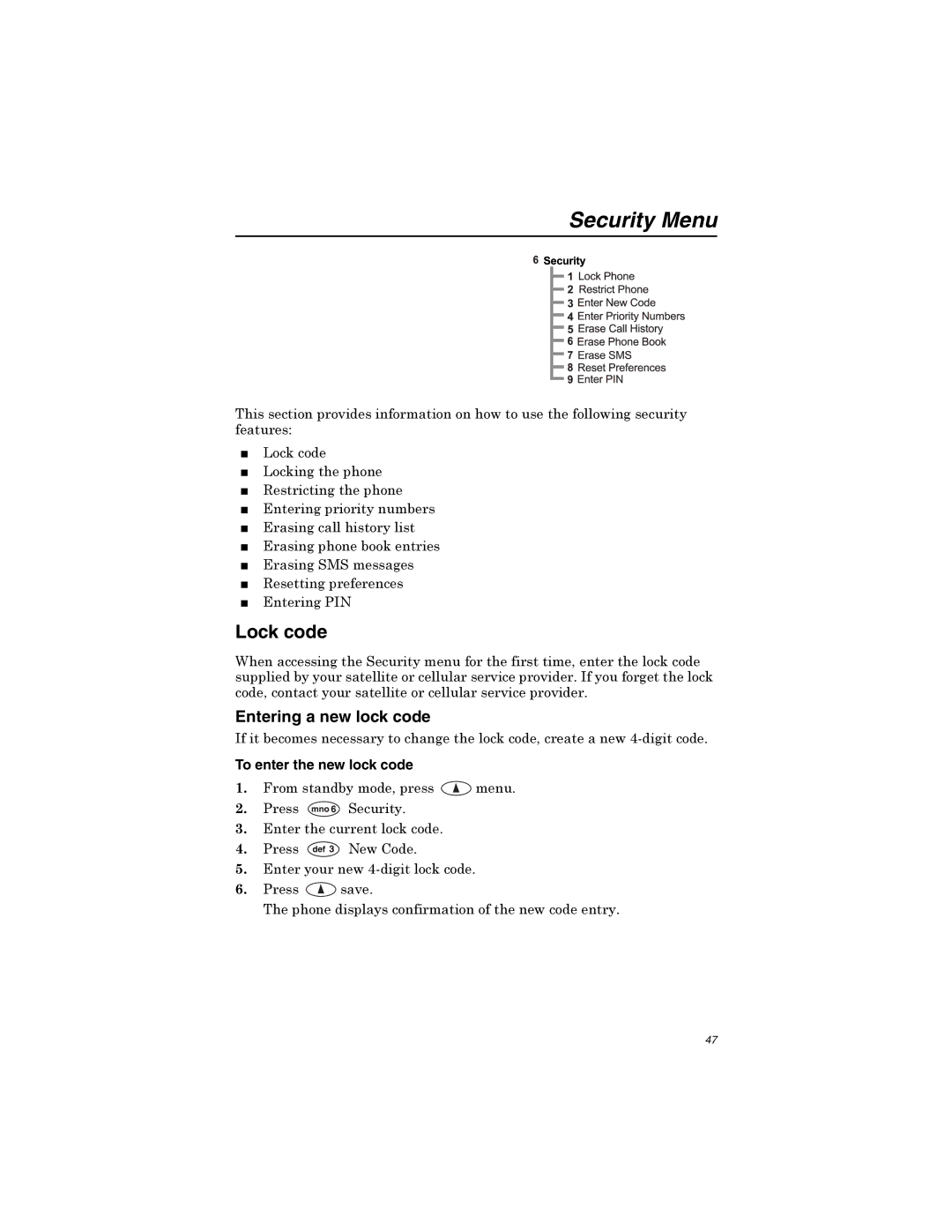 Qualcomm GSP-1600 manual Security Menu, Lock code, Entering a new lock code, To enter the new lock code 