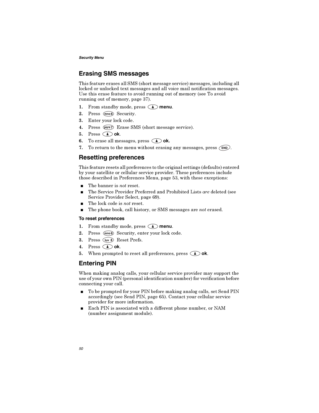 Qualcomm GSP-1600 manual Erasing SMS messages, Resetting preferences, Entering PIN, To reset preferences 