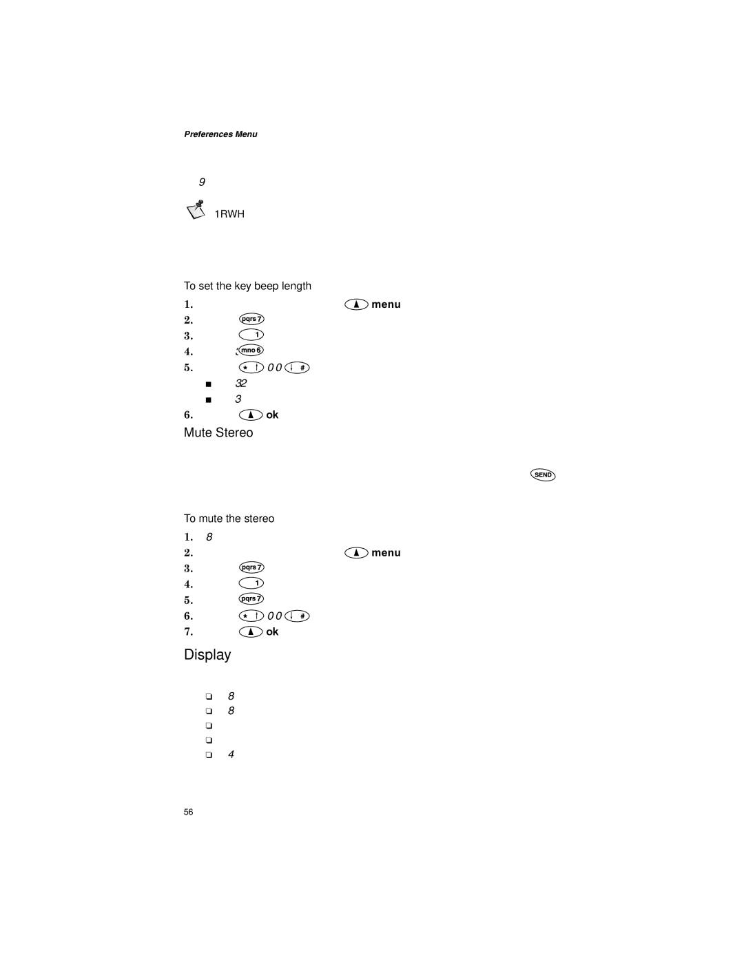 Qualcomm GSP-1600 manual Display, Mute Stereo, To set the key beep length, To mute the stereo 