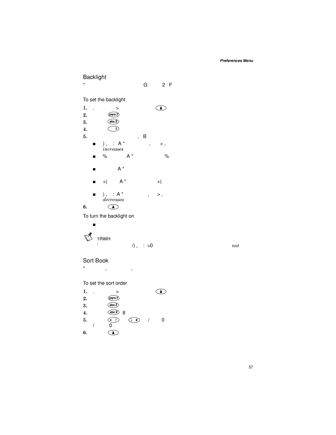 Qualcomm GSP-1600 manual Backlight, Sort Book, To set the backlight, To turn the backlight on, To set the sort order 