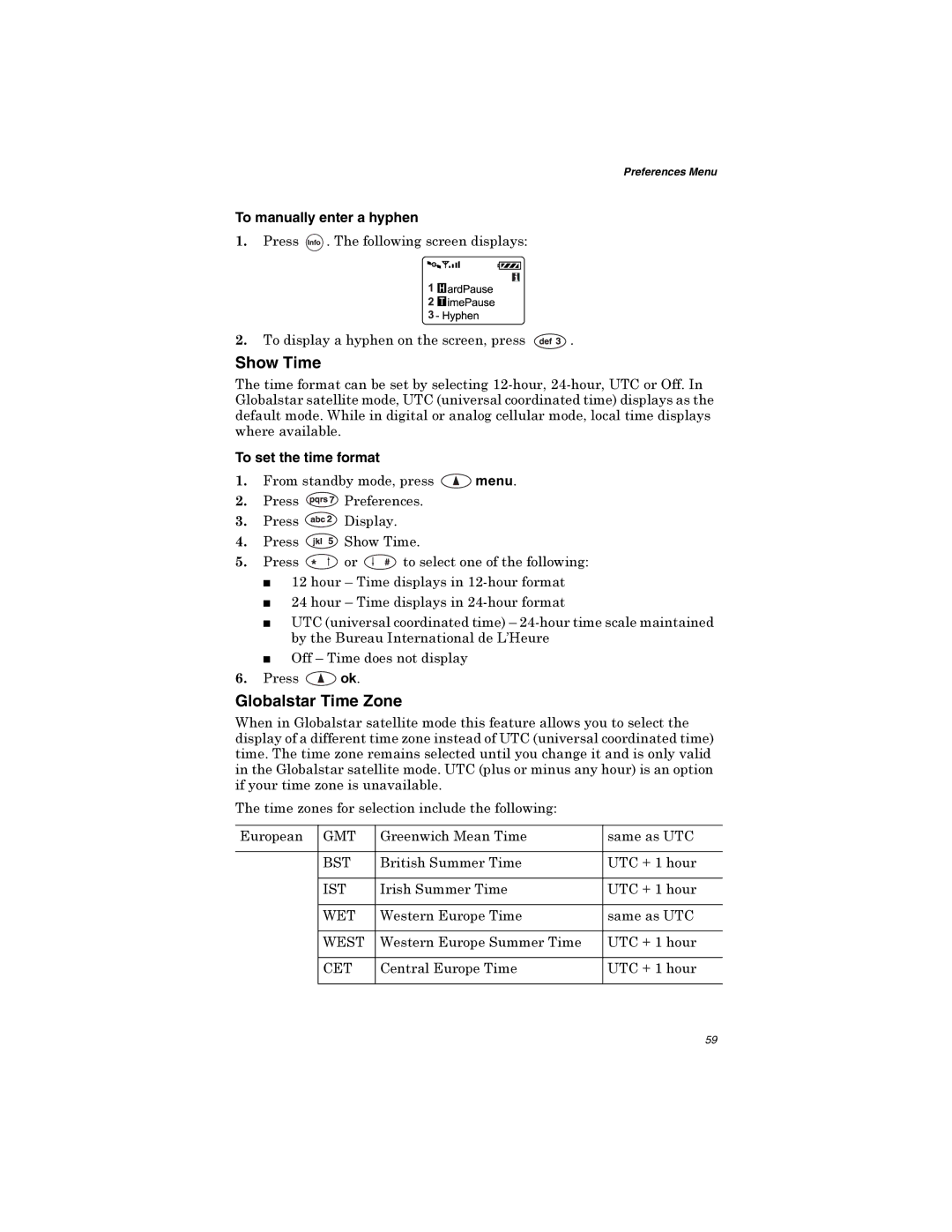 Qualcomm GSP-1600 Show Time, Globalstar Time Zone, To manually enter a hyphen, To set the time format 