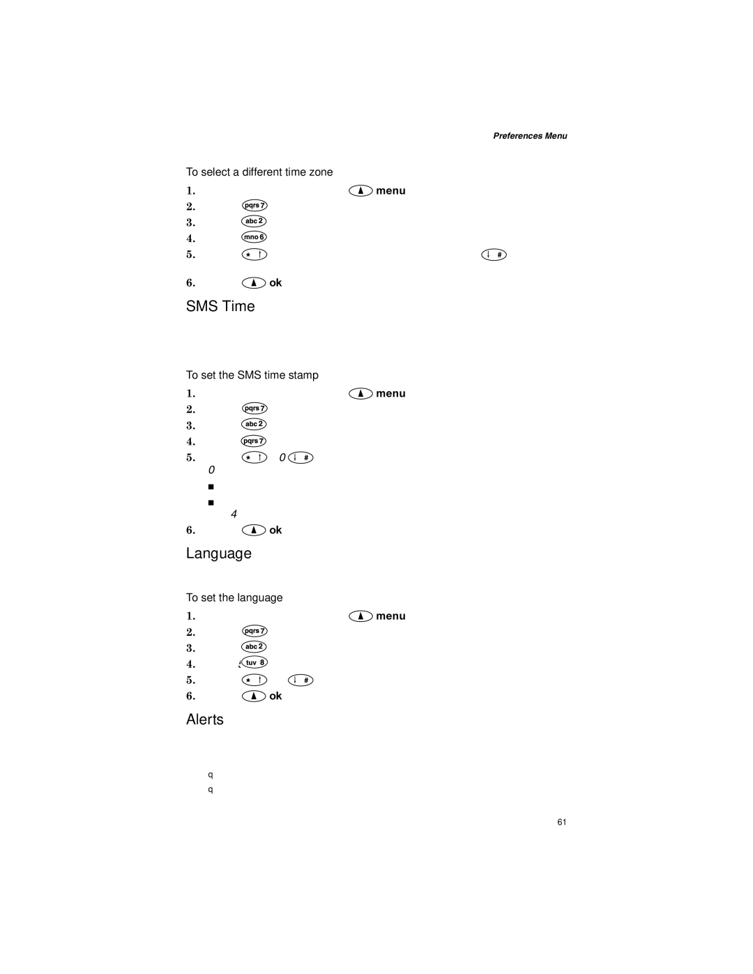 Qualcomm GSP-1600 manual SMS Time, Language, Alerts 