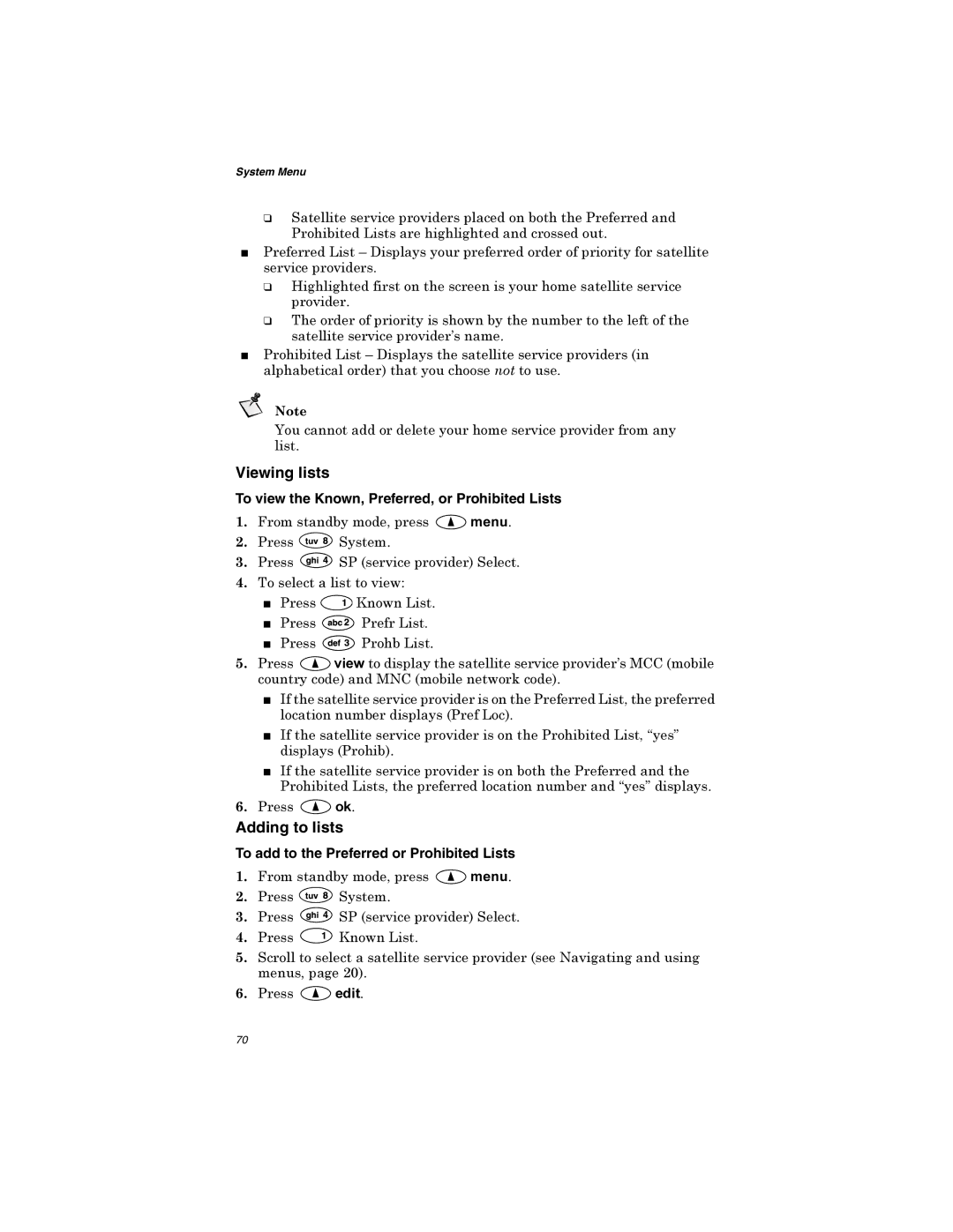 Qualcomm GSP-1600 manual Vhuylfhsurylghuv, To view the Known, Preferred, or Prohibited Lists, 3UHVV 63VHUYLFHSURYLGHU6HOHFW 