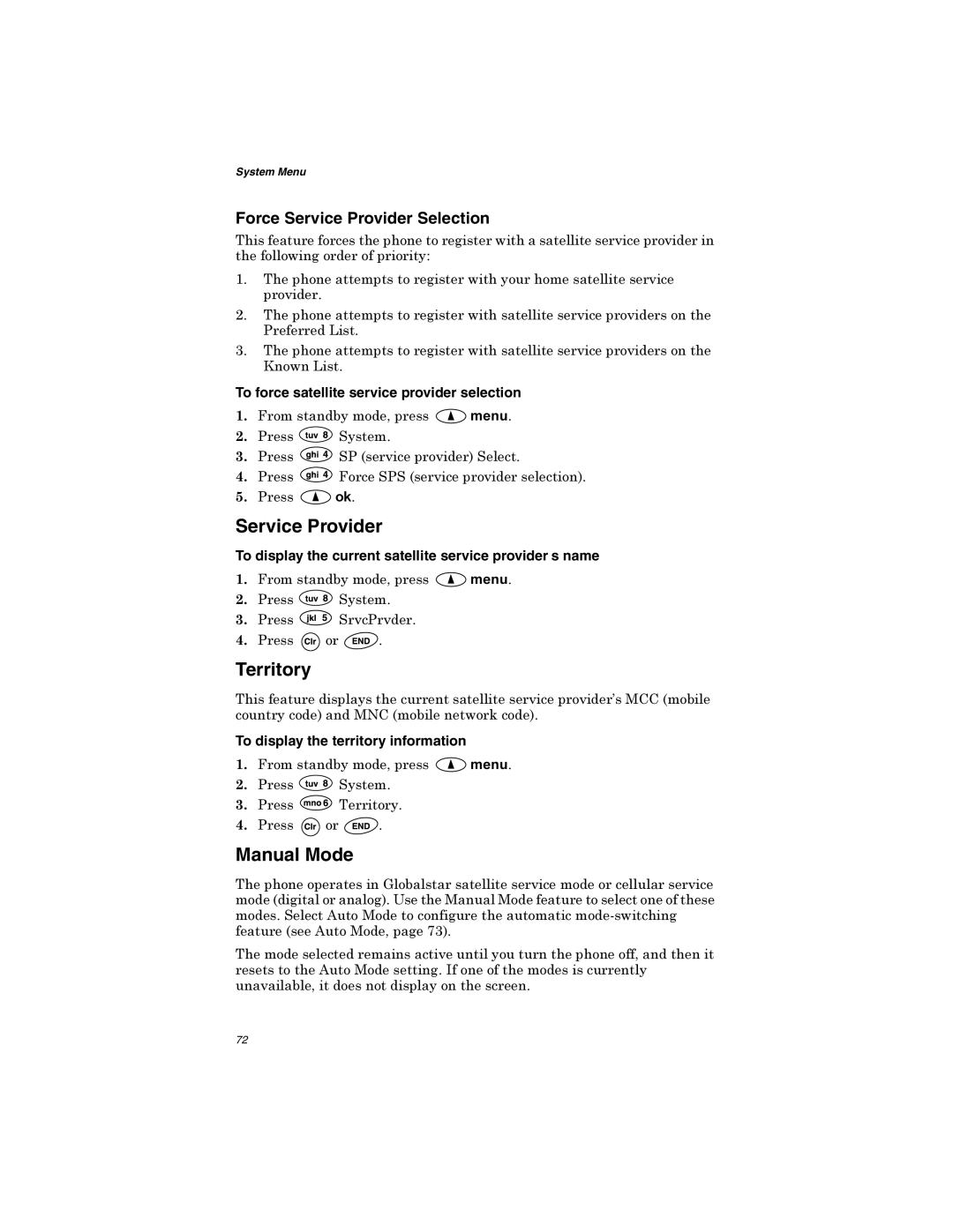 Qualcomm GSP-1600 manual Territory, Manual Mode, Force Service Provider Selection 