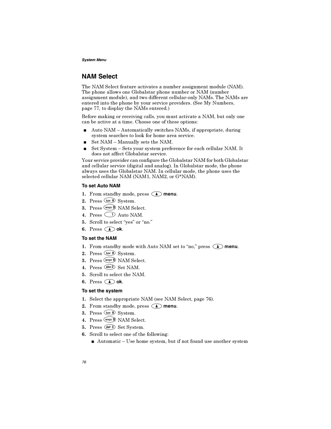 Qualcomm GSP-1600 manual NAM Select, To set Auto NAM, To set the NAM, To set the system 