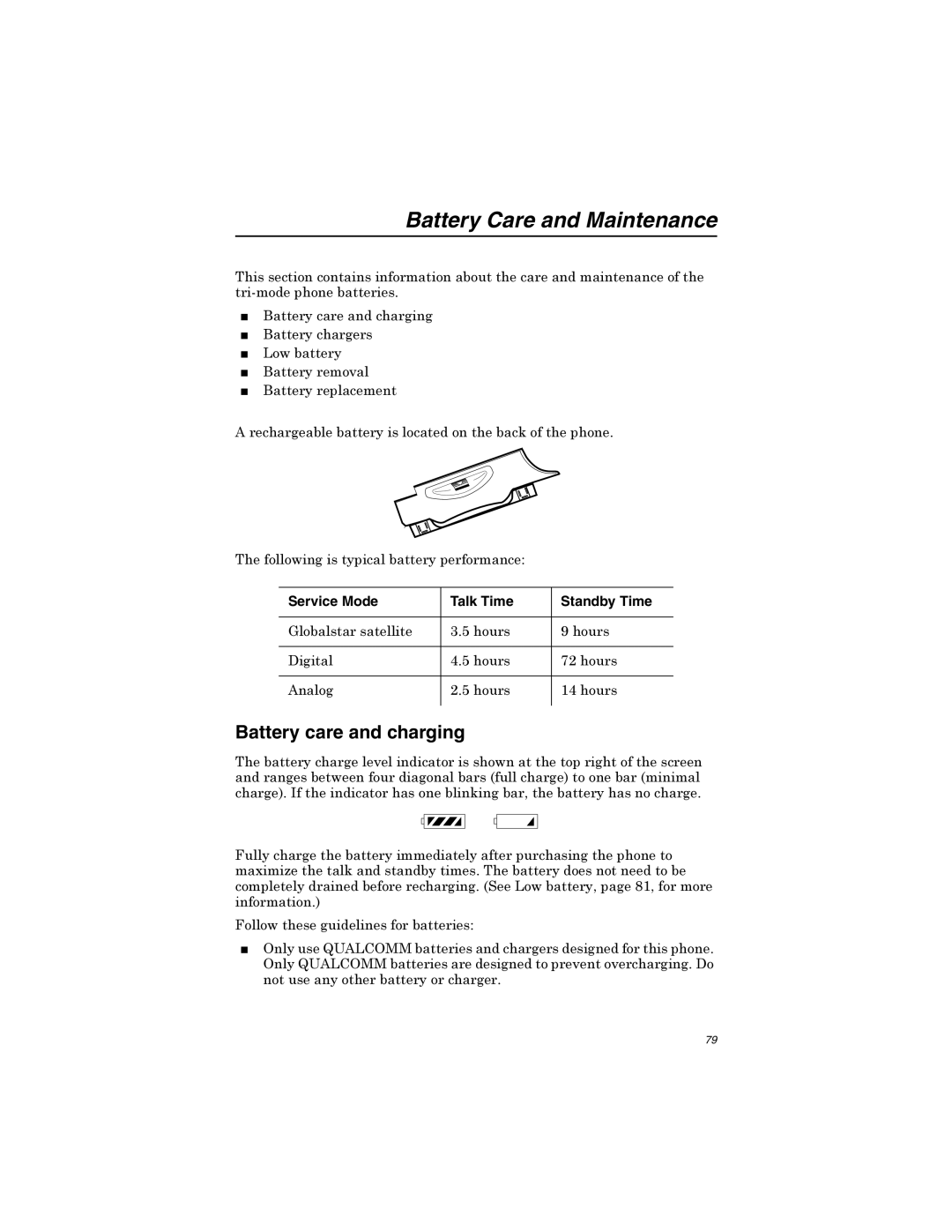 Qualcomm GSP-1600 manual Battery Care and Maintenance, Battery care and charging, Service Mode Talk Time Standby Time 