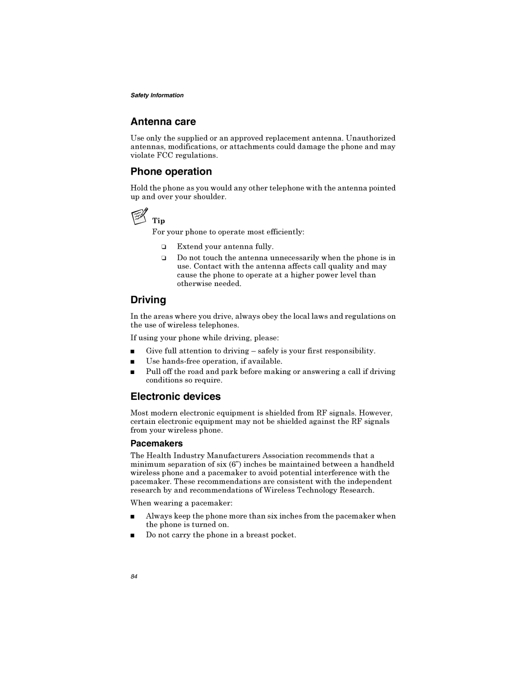 Qualcomm GSP-1600 manual Antenna care, Phone operation, Driving, Electronic devices, Pacemakers 