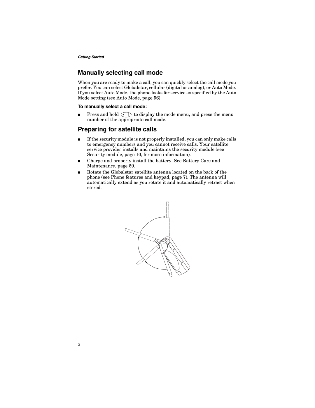 Qualcomm GSP-1600 Manually selecting call mode, Preparing for satellite calls, To manually select a call mode 