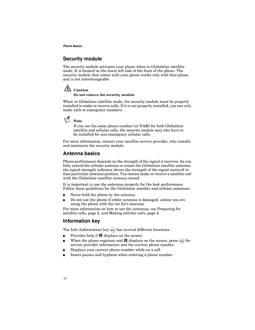 Qualcomm GSP-1600 manual Security module, Antenna basics, Information key 