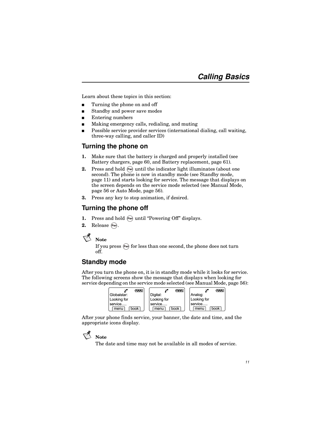 Qualcomm GSP-1600 manual Calling Basics, Turning the phone on, Turning the phone off, Standby mode 