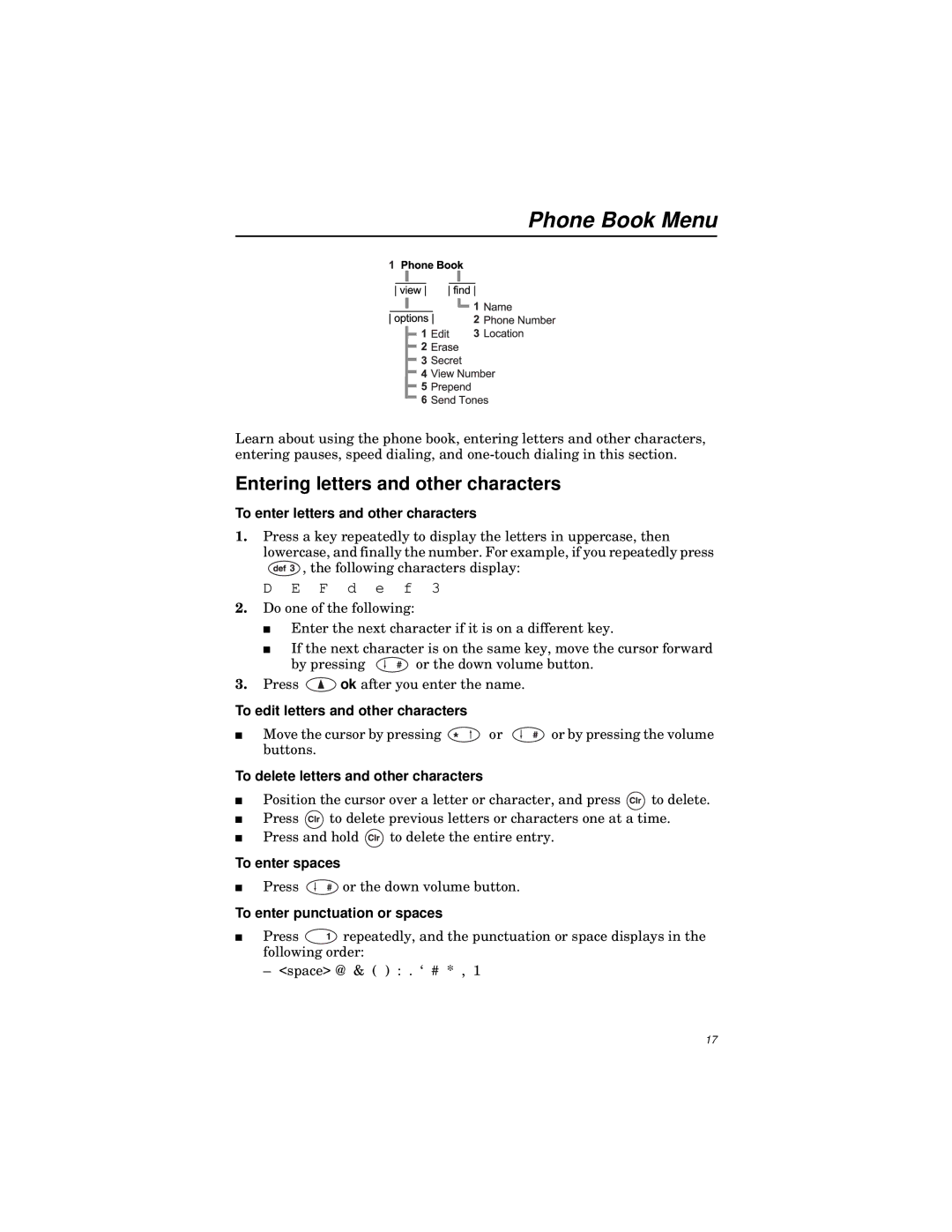 Qualcomm GSP-1600 manual Phone Book Menu, Entering letters and other characters 