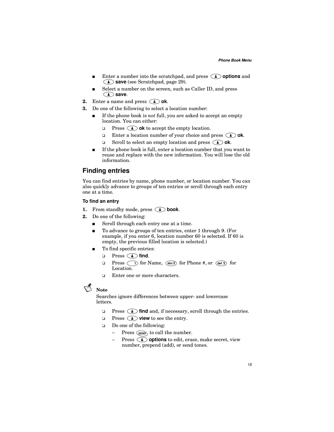 Qualcomm GSP-1600 manual Finding entries, Save, To find an entry 